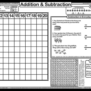Subtraction table and number chart placemat for kids with real-life word problems and zero rules, wipe-clean learning mat