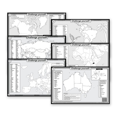 Back side of continent placemat with “Challenge Yourself” geography activities for children