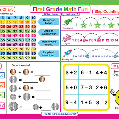First Grade Math Fun placemat with number chart skip counting money math and tic tac toe activities