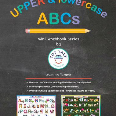 Upper and lowercase ABC mini workbook for kids showing alphabet letters and early handwriting practice