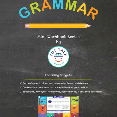 Tot Talk Grammar Mini Workbook cover showing parts of speech and sentence activities