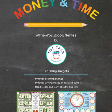 Money & Time Mini Workbook cover showing pencil graphic and learning targets for counting change and telling time