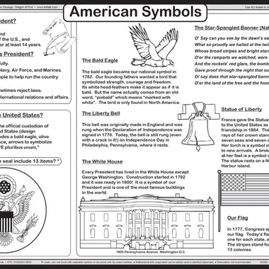 American Symbols placemat with U.S. landmarks, Bald Eagle, Statue of Liberty, and National Anthem text for children.