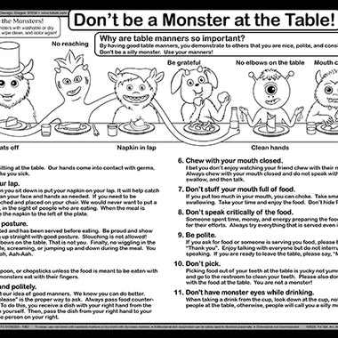 Table manners learning placemat back with illustrated etiquette rules for kids