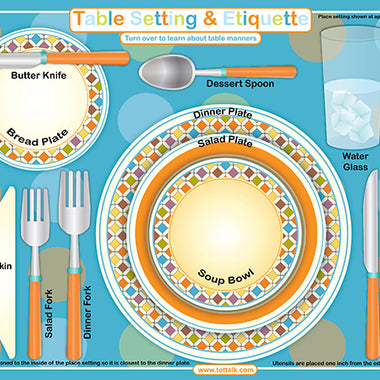 Tot Talk Table Setting and Etiquette placemat front showing labeled plates, utensils, napkin, and glasses