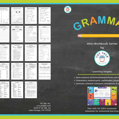 Tot Talk Grammar Mini Workbook cover showing parts of speech and sentence activities