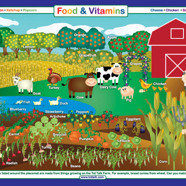 Food Groups & Vitamins placemat front — farm scene showing where foods come from for kids.