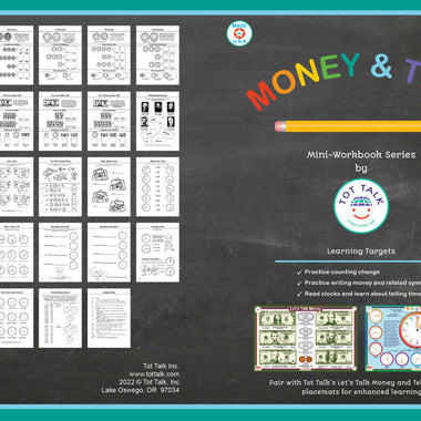 Inside pages of Money & Time Mini Workbook with clock reading, coin counting, and money math practice sheets