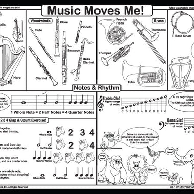 Tot Talk Orchestra Music Placemat back — musical notes, rhythm exercises, and instrument diagrams