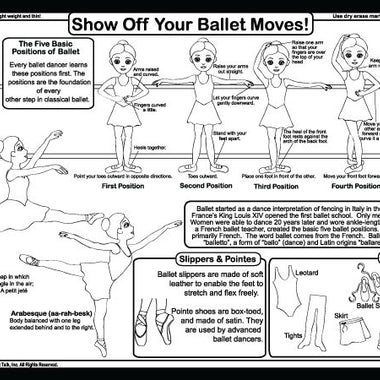 Ballet learning placemat back with positions, history, and dress code