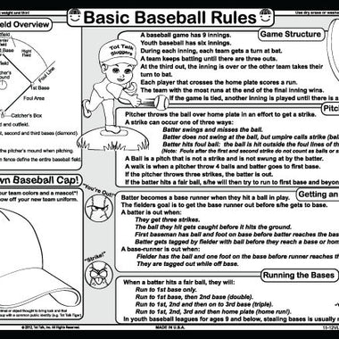 Baseball learning placemat back with basic rules, gameplay structure, and team design activity
