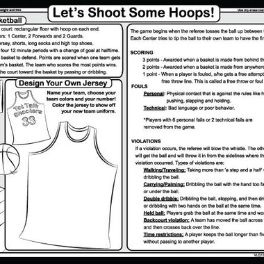 Basketball learning placemat back with rules, scoring, and jersey design activity