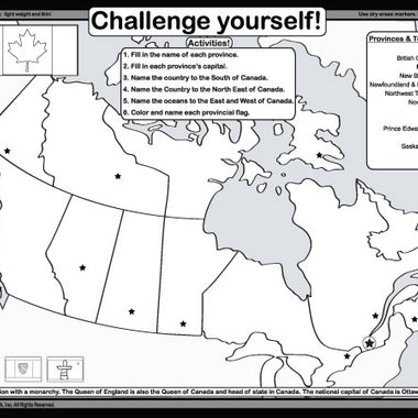 Canada outline map placemat for labeling provinces and capitals