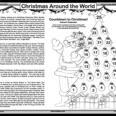 Christmas learning placemat back showing Advent calendar and Christmas traditions around the world