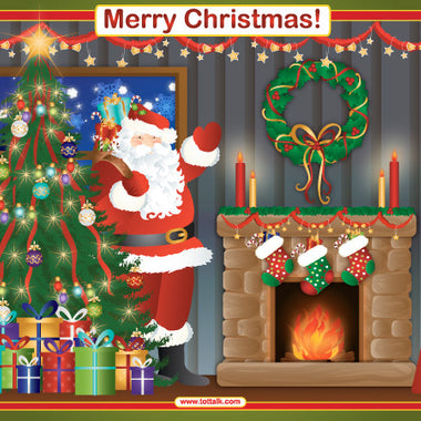 Tot Talk Merry Christmas placemat front with Santa, Christmas tree, gifts, and holiday decorations