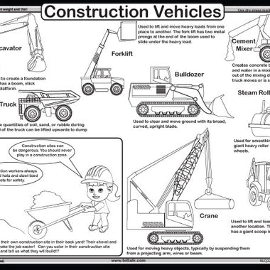 Construction vehicles coloring and tracing placemat with excavator, crane, steamroller, and dump truck.