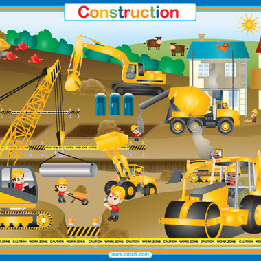 Colorful construction site placemat with excavator, crane, bulldozer, cement mixer, and dump truck for kids.