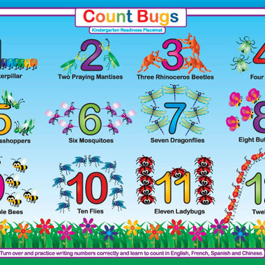 Count Bugs placemat front: numbers 1–12 with colorful insects for early counting skills