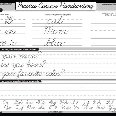 Cursive writing placemat back: reusable cursive words and sentence practice