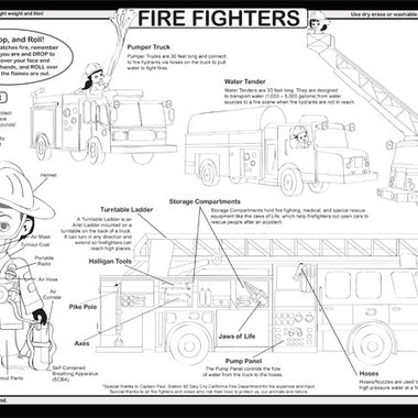 Firefighter safety placemat with labeled equipment, fire truck parts, Stop Drop and Roll rules, and coloring activities for children
