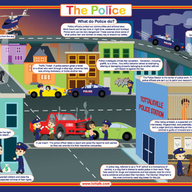 Police & Safety Placemat front showing police officers, patrol cars, helicopter, and community scenes for kids learning about law enforcement