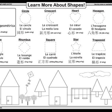 Shapes placemat back side with shape tracing, multilingual shape names, and drawing activities