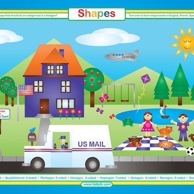 Shapes placemat front side with Tot Talk Town scene for shape recognition