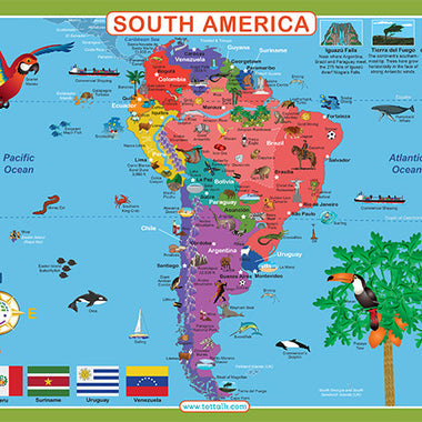 South America geography map placemat with countries and capitals