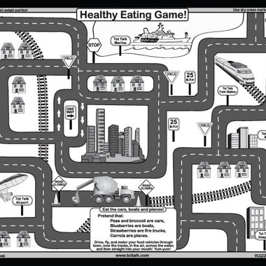 Tot Talk Transportation Placemat back – healthy eating road map for kids
