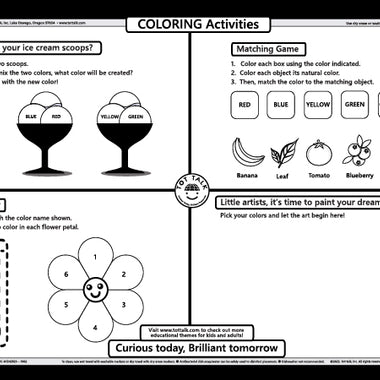 Children’s art activity placemat with coloring exercises