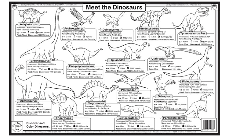 Meet the Dinosaurs coloring placemat with dinosaur facts, pronunciation guides, and fossil discovery information