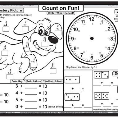 First Grade Math Fun placemat back with clock practice domino math puzzles and count on fun activities