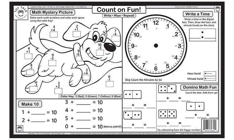 First Grade Math Fun placemat back with clock practice domino math puzzles and count on fun activities