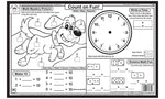 First Grade Math Fun placemat back with clock practice domino math puzzles and count on fun activities