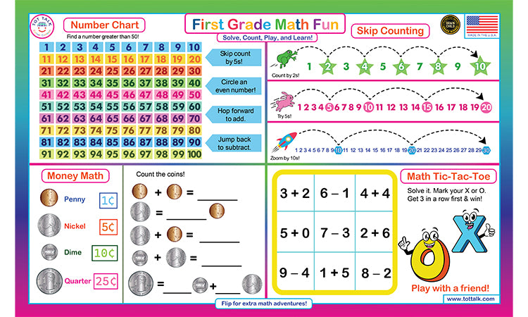 First Grade Math Fun placemat with number chart skip counting money math and tic tac toe activities 