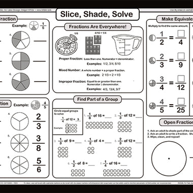 Mastering Fractions placemat back side with fraction practice activities including shading fractions and solving fraction problems
