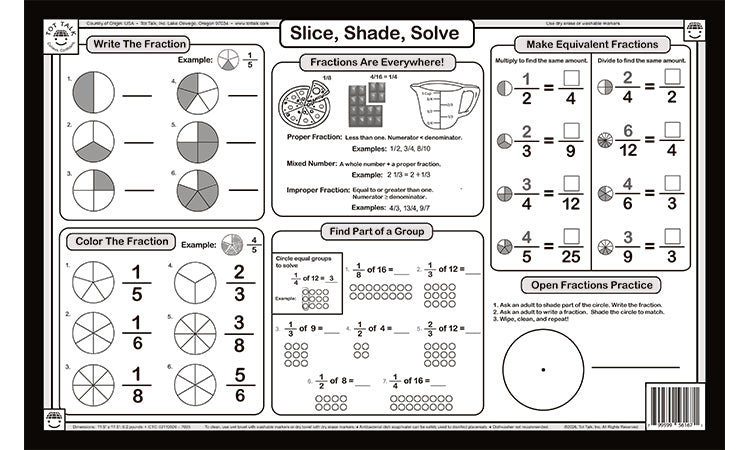 Mastering Fractions placemat back side with fraction practice activities including shading fractions and solving fraction problems