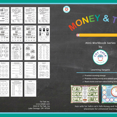 Money and Time mini workbook for kids with activities for counting money and reading clocks