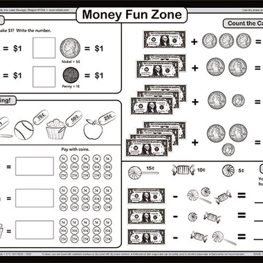 Money Made Easy placemat showing US coins and bills for kids learning to count money
