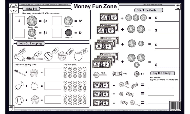 Money Made Easy placemat showing US coins and bills for kids learning to count money