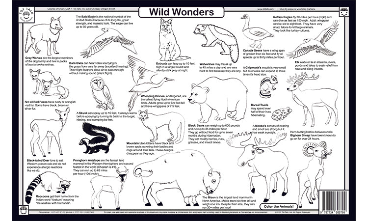Mountain Wildlife placemat back with wild animal facts and coloring activity for kids