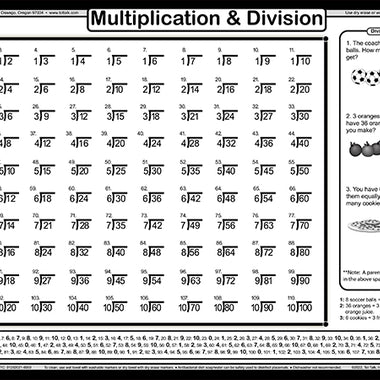 Children’s multiplication (front side) and division (backside) table placemat with number grid and everyday word problems for early elementary math practice. Wipe-clean practice and number charts.