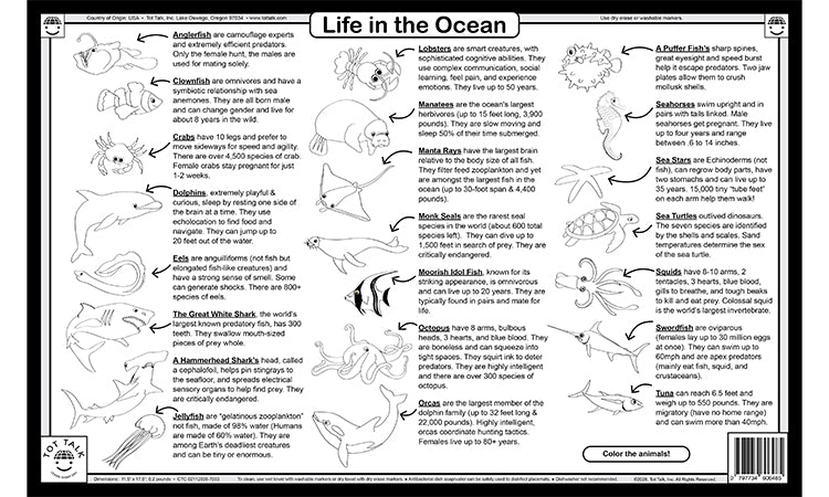 Ocean life placemat coloring page with sea animal facts