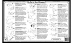 Ocean life placemat coloring page with sea animal facts
