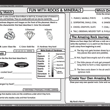 Geology placemat for kids with mineral identification and rock detective activities