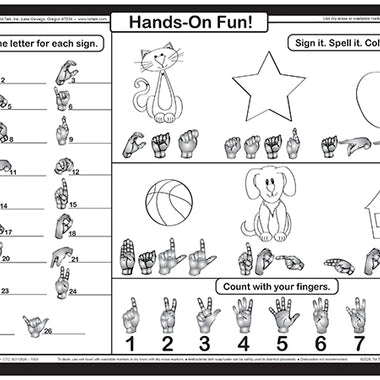 Sign Language learning placemat back with ASL activities spelling practice and finger counting