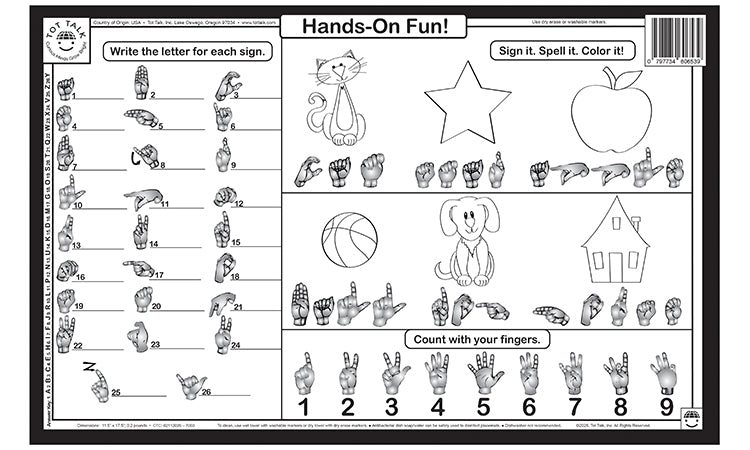 Sign Language learning placemat back with ASL activities spelling practice and finger counting