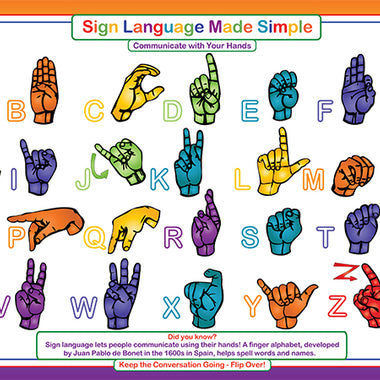 Sign Language Made Simple placemat showing ASL alphabet hand signs from A to Z