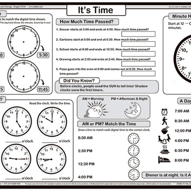 Time Made Easy placemat teaching kids how to read analog clocks and understand time