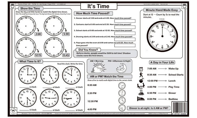 Time Made Easy placemat teaching kids how to read analog clocks and understand time